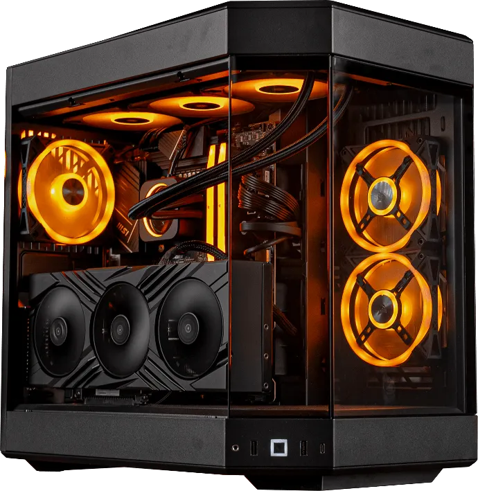 Premium high-end FlowUP gaming PC with panoramic case and orange fans