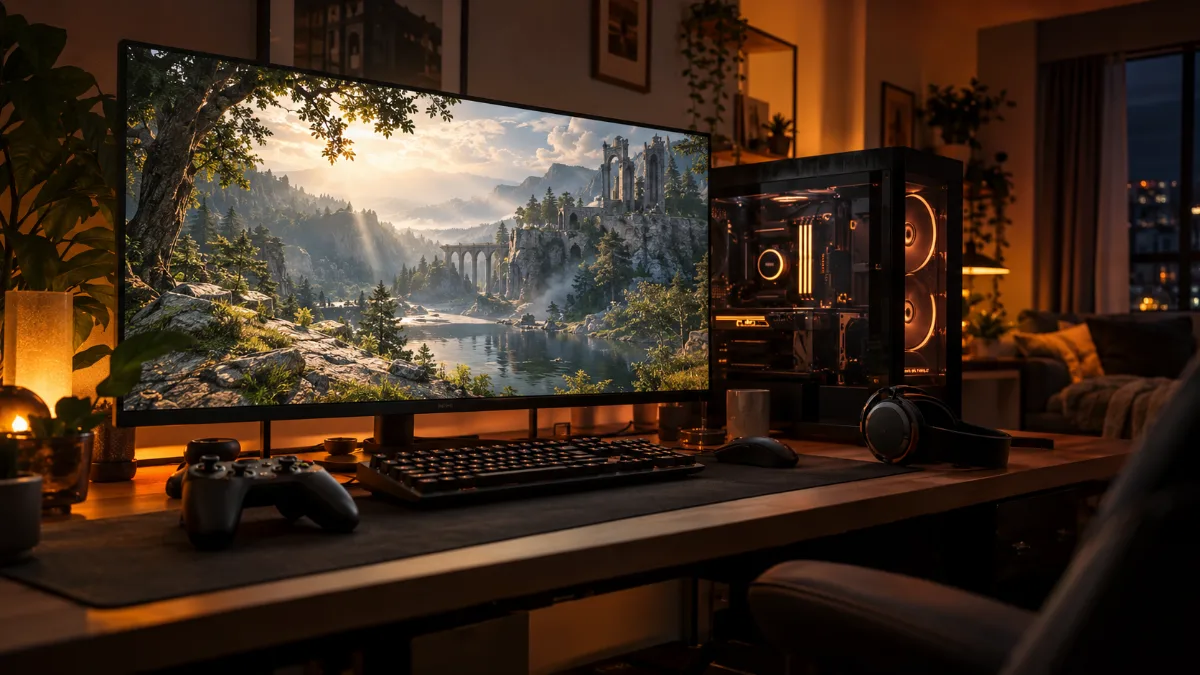 Gaming PC tower with a glass side panel and a large screen displaying a detailed open-world game in a living room