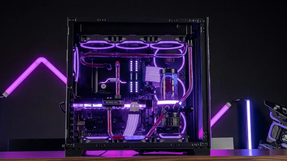 New FlowUP gaming PC with purple RGB lighting