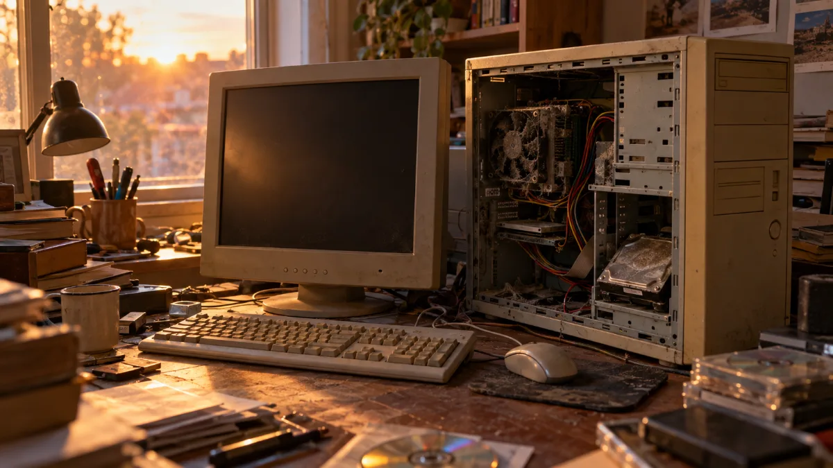 Old, dusty desktop PC with visible clogged hard drive and fan