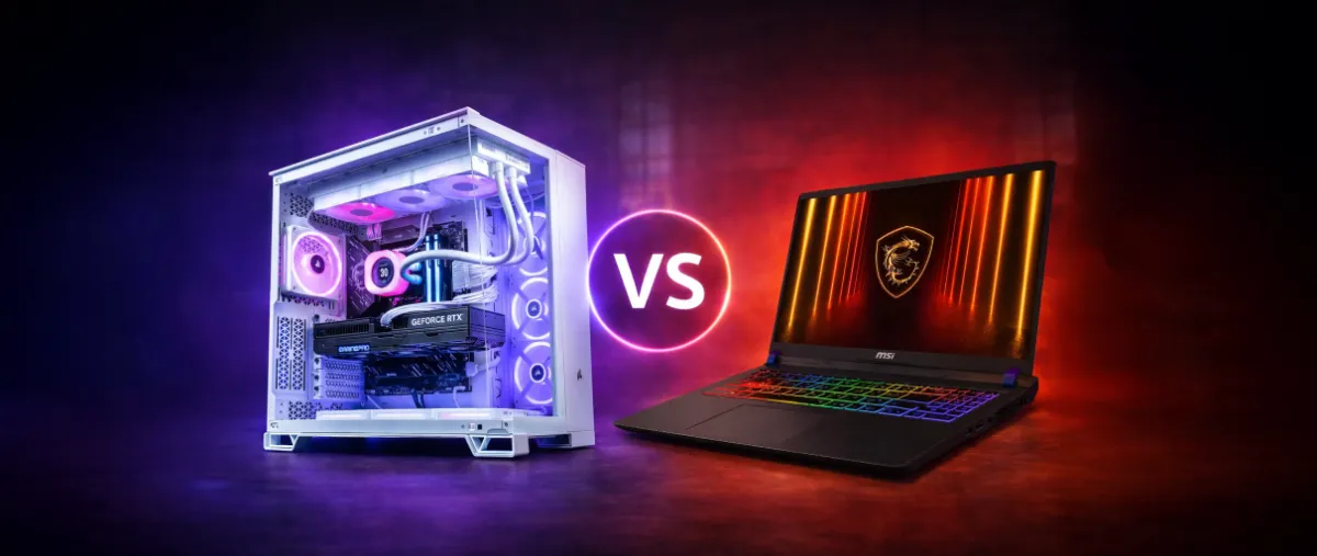 Visual comparison between a gaming desktop PC and a gaming laptop