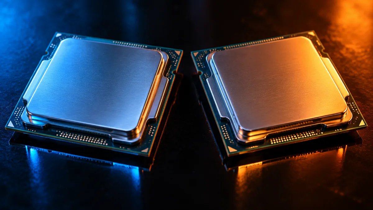 Deux processeurs de bureau face à face, l'un éclairé en bleu, l'autre en orange, symbolisant le duel Intel contre AMD