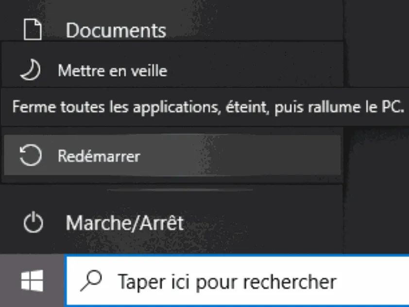Menu Démarrer de Windows avec l'option Redémarrer