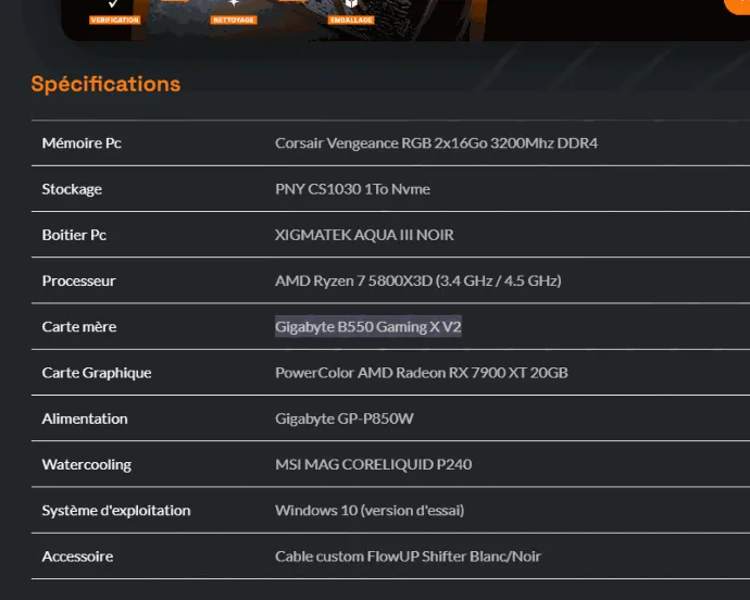 Spécifications d'un PC gamer FlowUP avec la référence de la carte mère