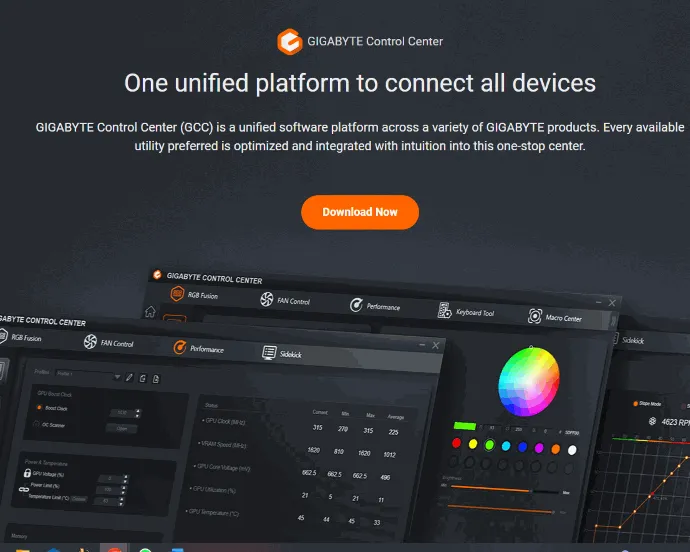 Page de téléchargement de Gigabyte Control Center