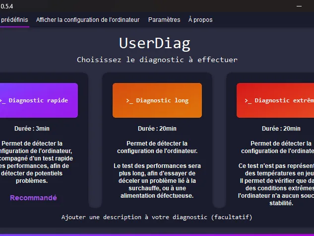 Page d'accueil de l'outil de diagnostic UserDiag