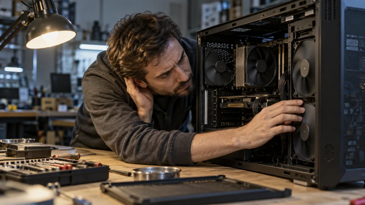 Technicien qui écoute un PC gamer ouvert pour repérer l'origine d'un bruit