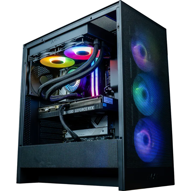 Stille gaming-pc met mesh-front en 140 mm-ventilatoren bij de luchtinlaat