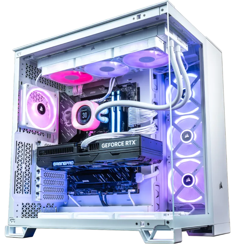 Witte aquarium-style gaming-pc met ARGB-ventilatoren en waterkoeling