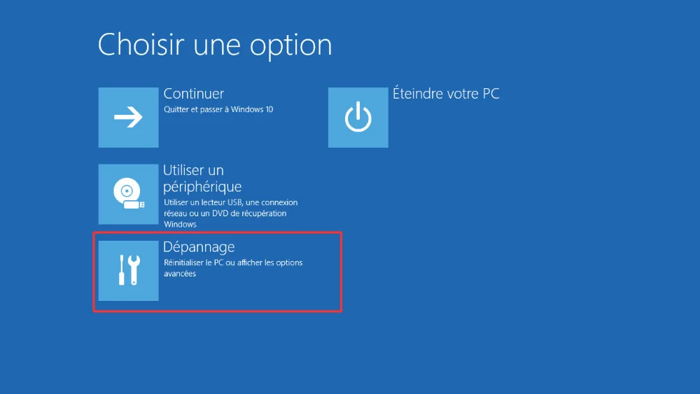 Reset deze pc of toon geavanceerde opties Het blauwe Windows-menu: kies Problemen oplossen om het UEFI-BIOS te openen