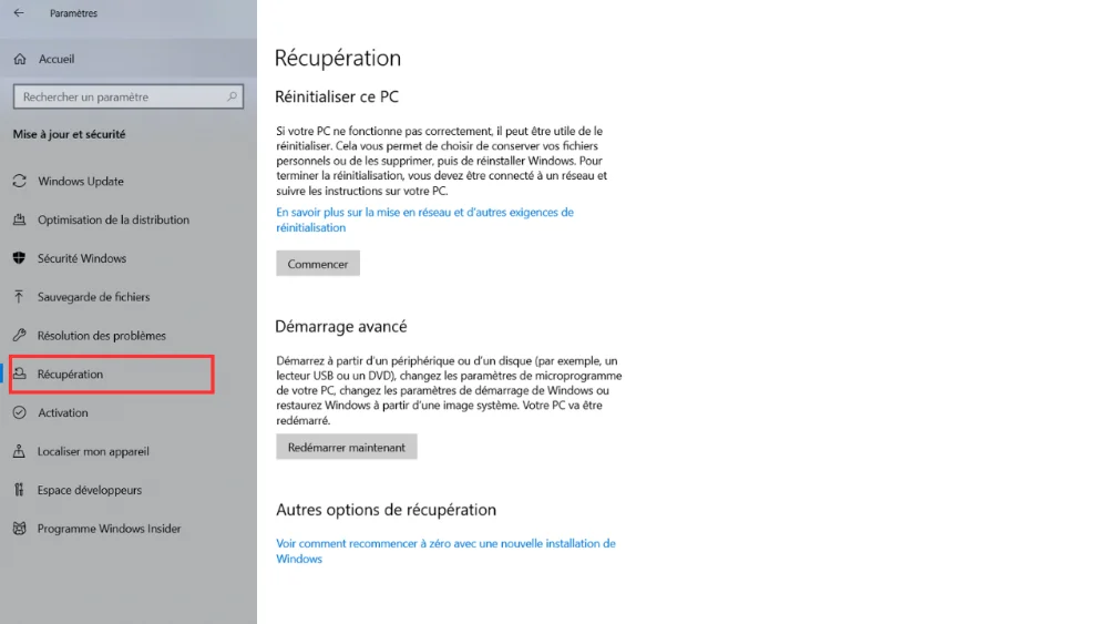 Selecteer Herstel Windows-instellingen: Herstel- en menu voor geavanceerd opstarten