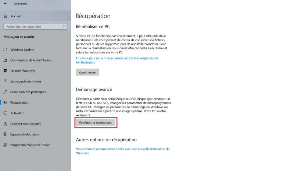 Selecteer nu opnieuw opstarten Geavanceerd opstarten in Windows: knop Nu opnieuw opstarten