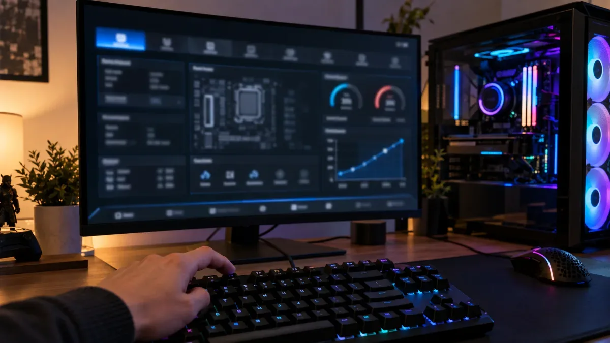 Scherm van een gaming-pc met de UEFI-BIOS-interface terwijl je op de toegangstoets van het toetsenbord drukt