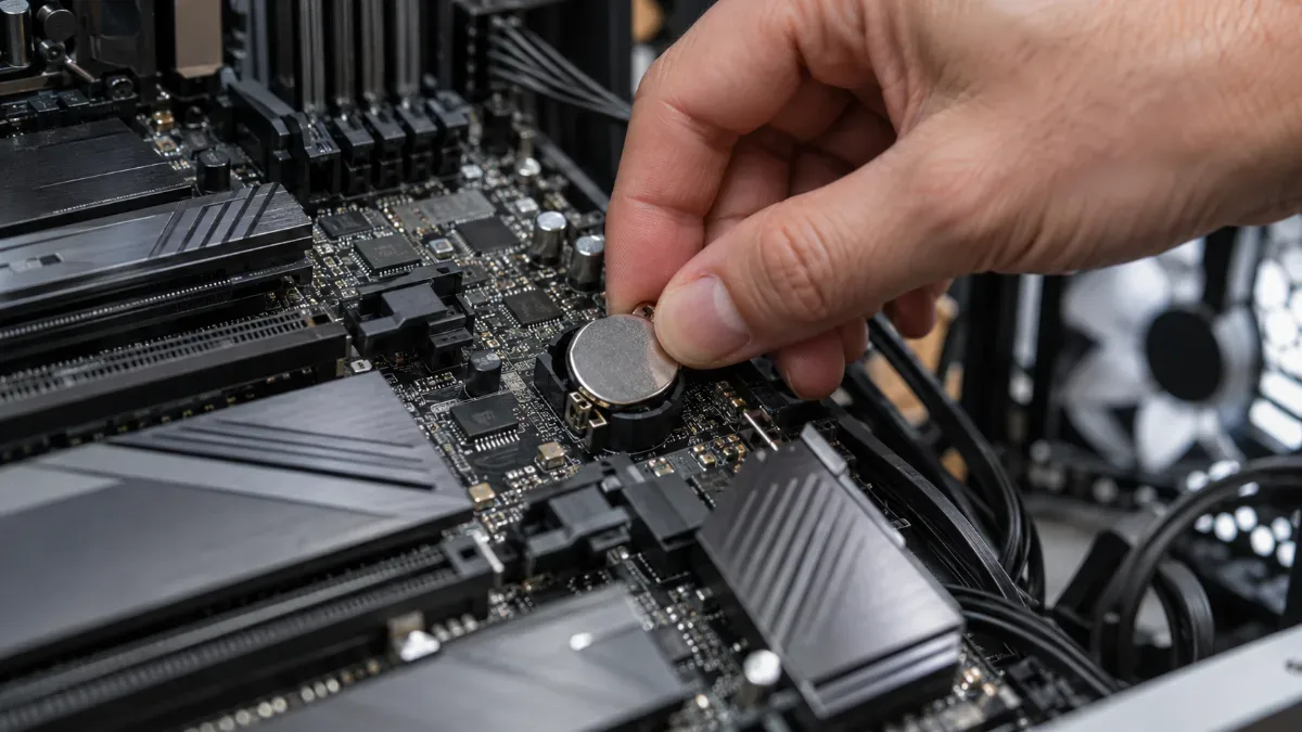 Hand haalt de CMOS-knopbatterij uit een pc-moederbord om het BIOS te resetten