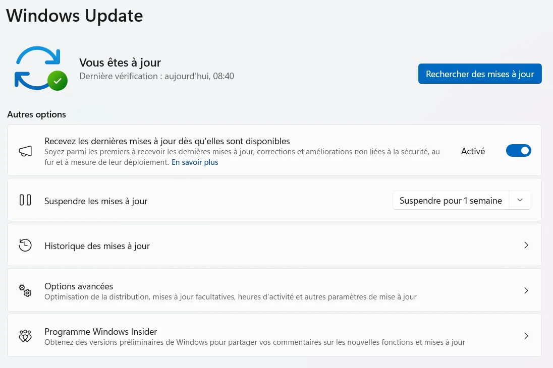 Page Windows Update dans les paramètres de Windows 11