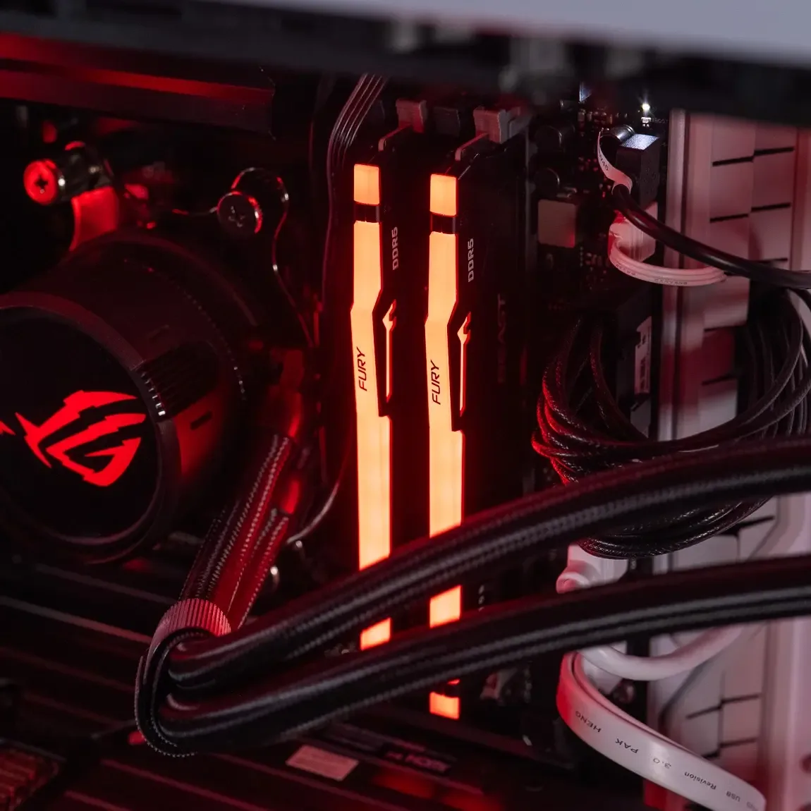 DDR5 RGB RAM sticks installed on a gaming PC motherboard