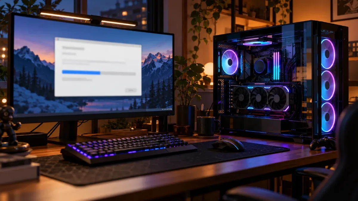 Gamer-pc met RGB-grafische kaart tijdens het installeren van een nieuwe grafische driver