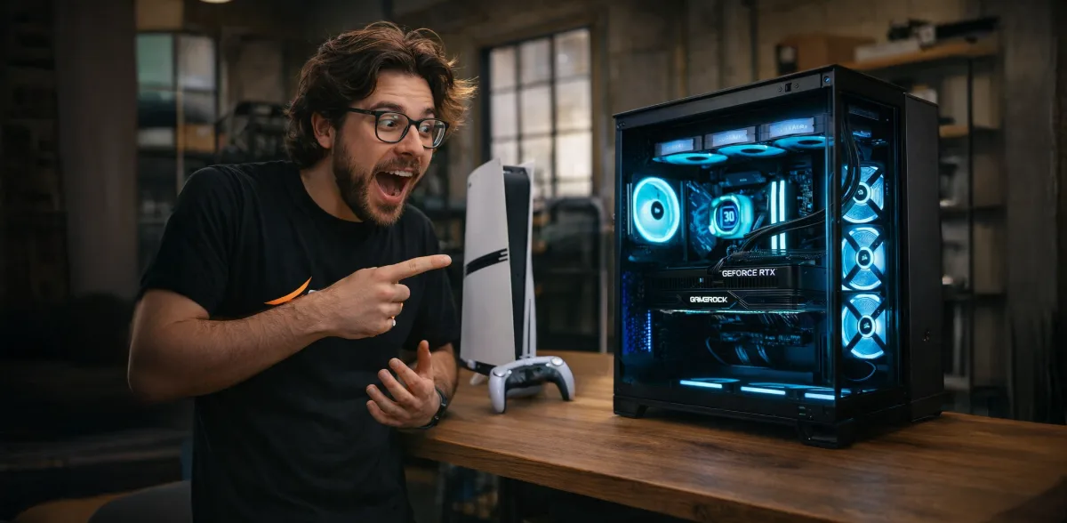 Joueur qui compare une console de salon et un PC gamer RGB posés sur un bureau