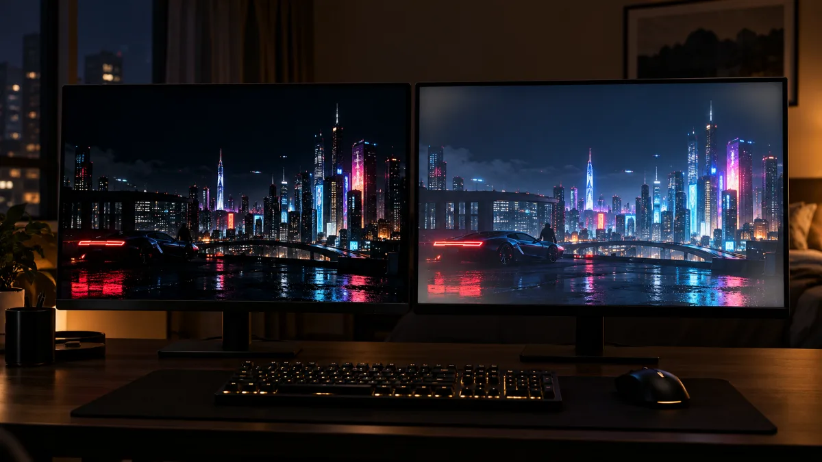 Deux écrans gaming côte à côte affichant une scène de nuit : noirs profonds à gauche, couleurs vives et noirs plus gris à droite