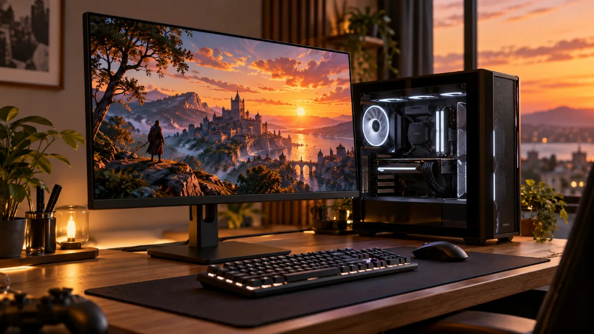 Écran gaming 27 pouces vu de biais sur un bureau à côté d'un PC gaming, avec des couleurs toujours vives