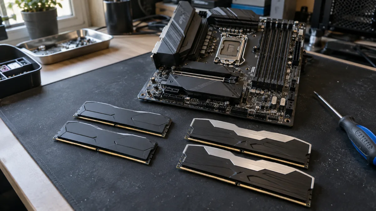 Kits de barrettes de RAM DDR5 posés à côté d'une carte mère
