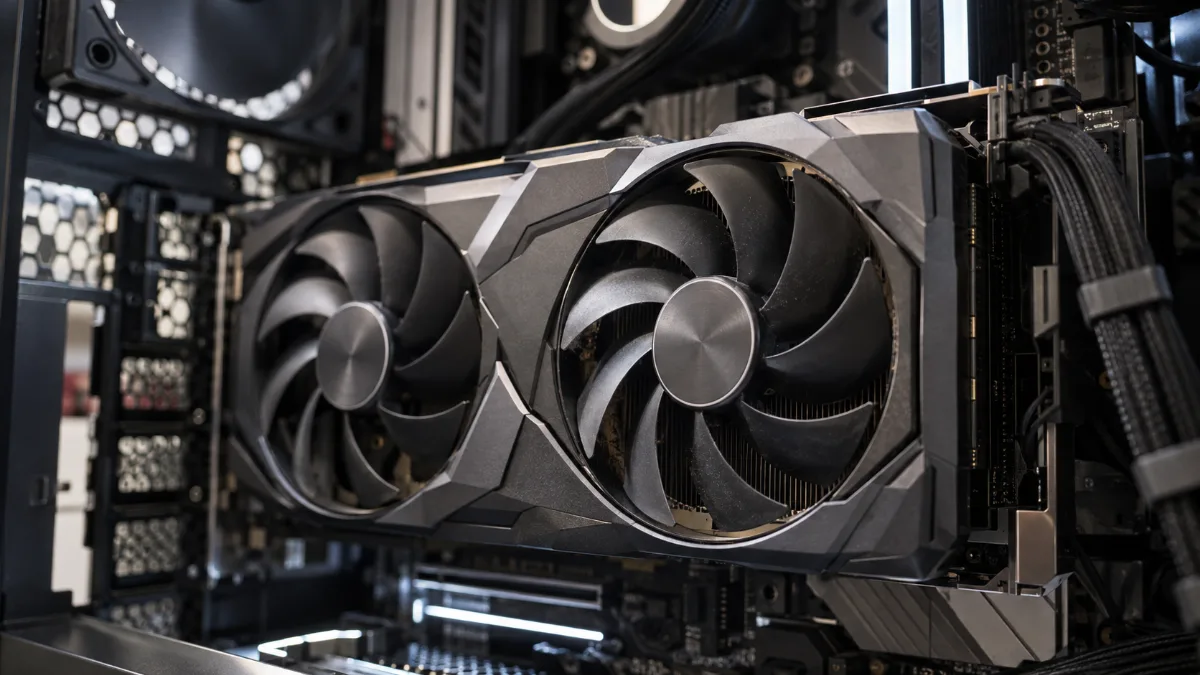 Gaming-videokaart met twee ventilatoren gemonteerd in een pc