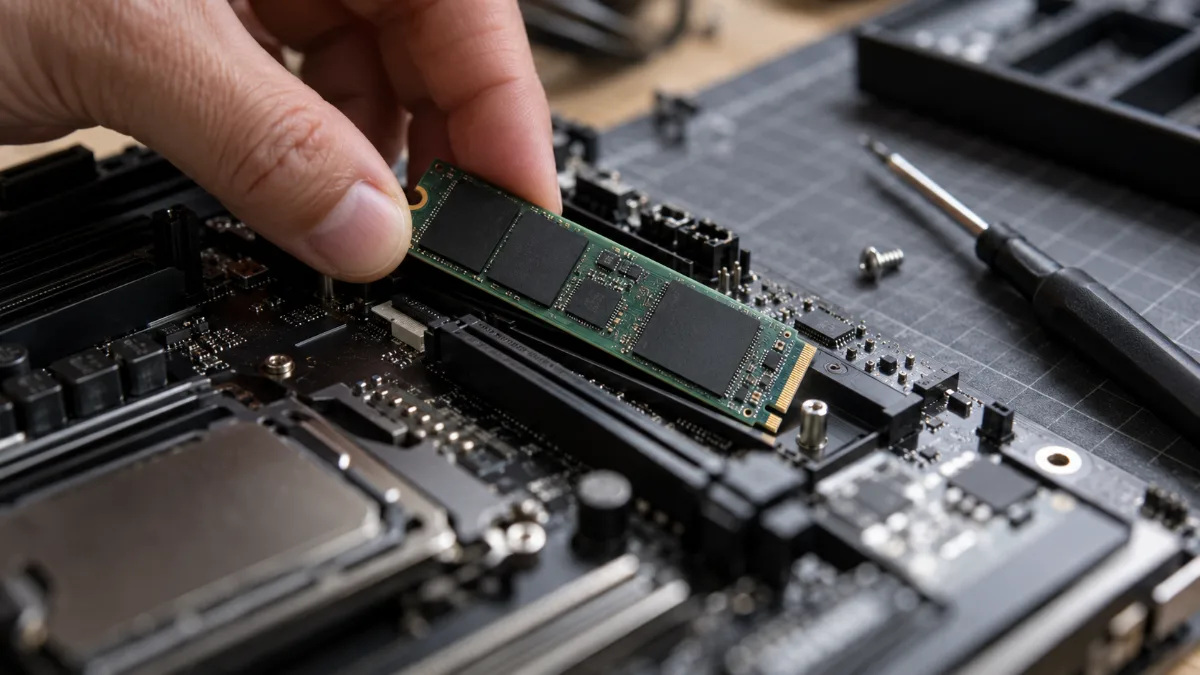 NVMe-ssd geïnstalleerd op het moederbord van een gaming-pc
