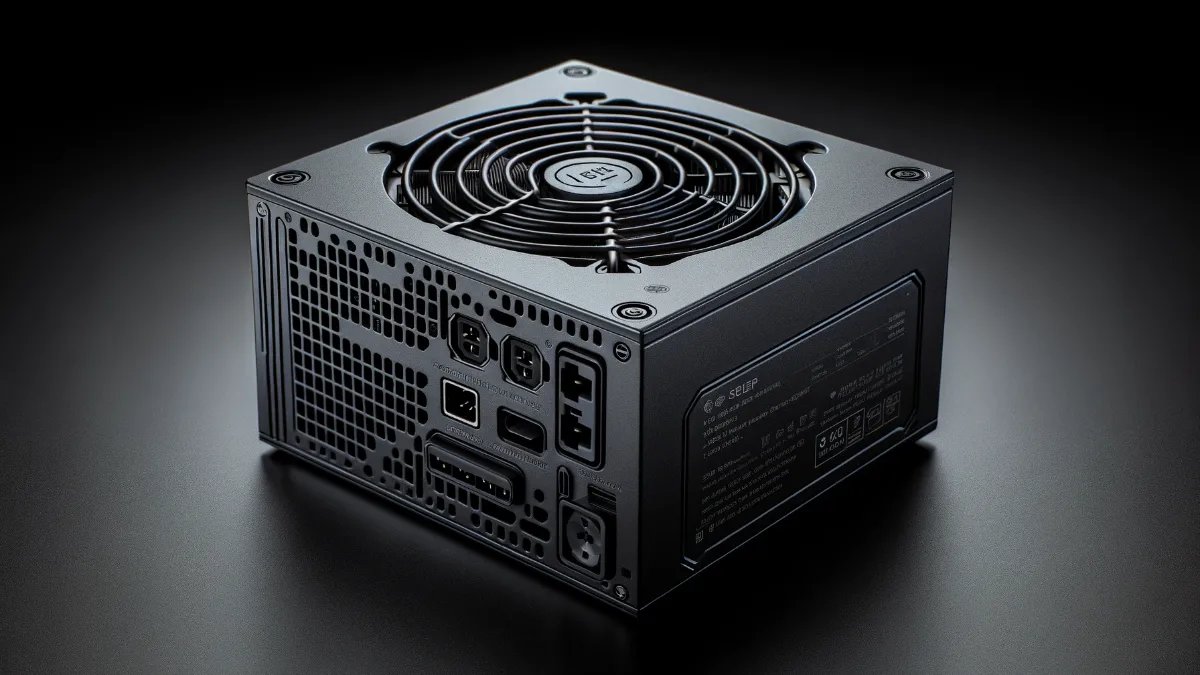 Black ATX PC power supply seen from three quarters