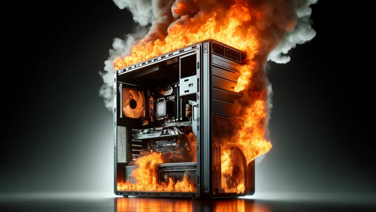 Illustration of a PC on fire, the symbol of the risks of a poor-quality power supply