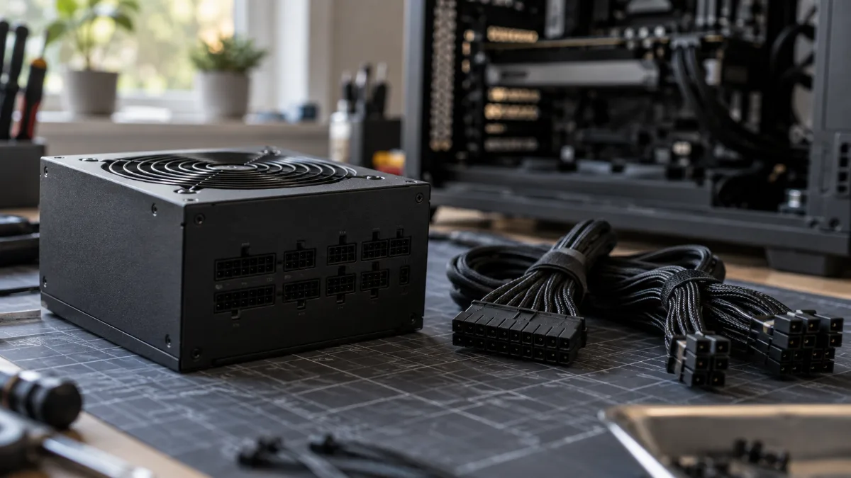 Modular PC power supply and its sleeved cables laid out on a work mat