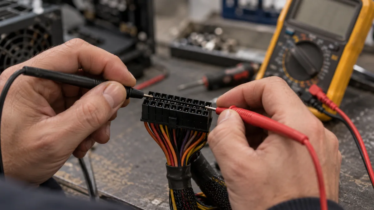 Testing a PC power supply with a multimeter on a connector