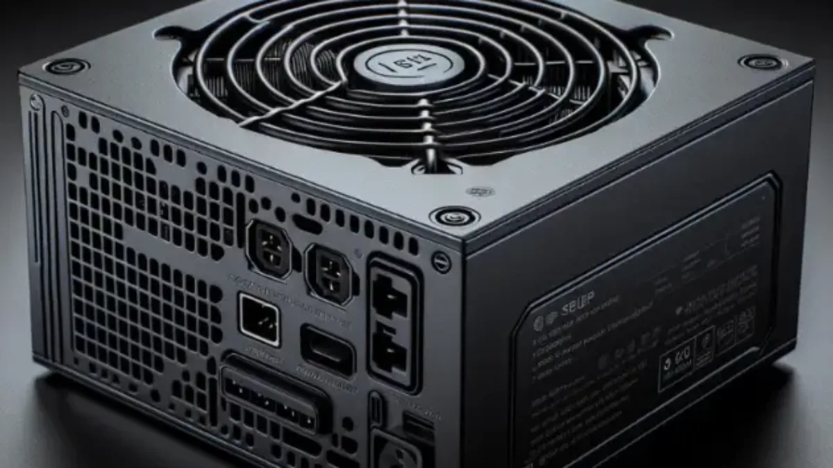 Zwarte modulaire pc-voeding met ventilator, op een werkblad geplaatst