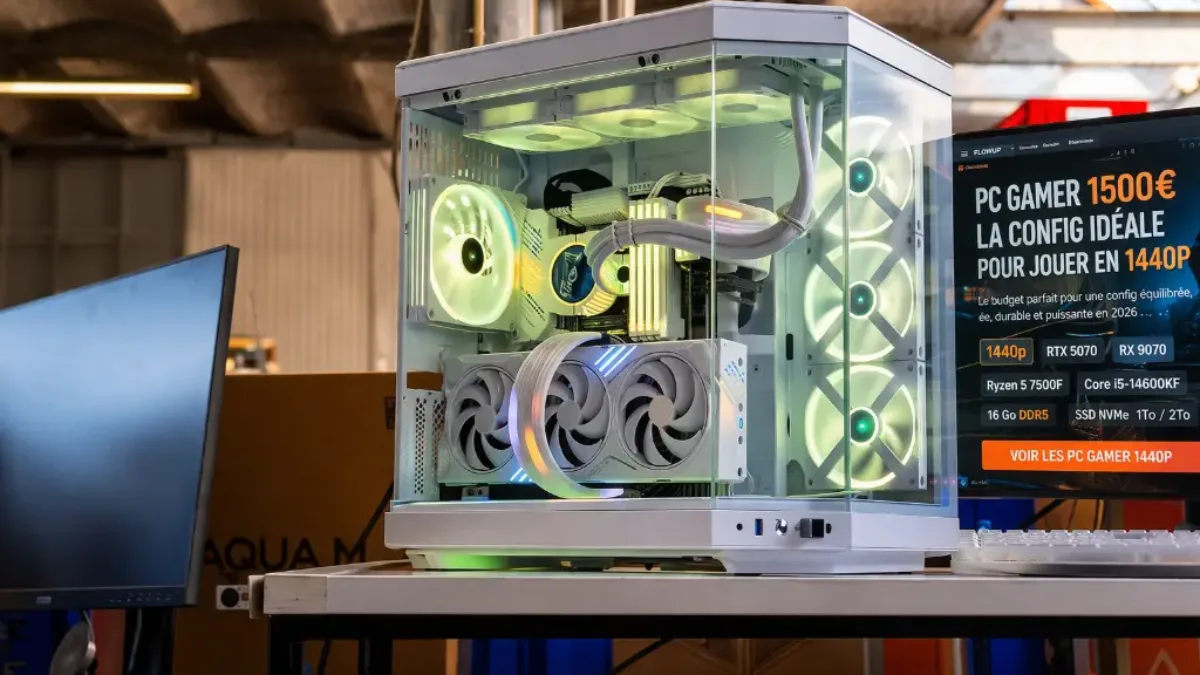 White gaming PC with an RGB tempered-glass case in front of a gaming monitor