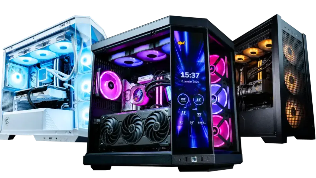 High-end gaming PC in a glass case with RGB lighting