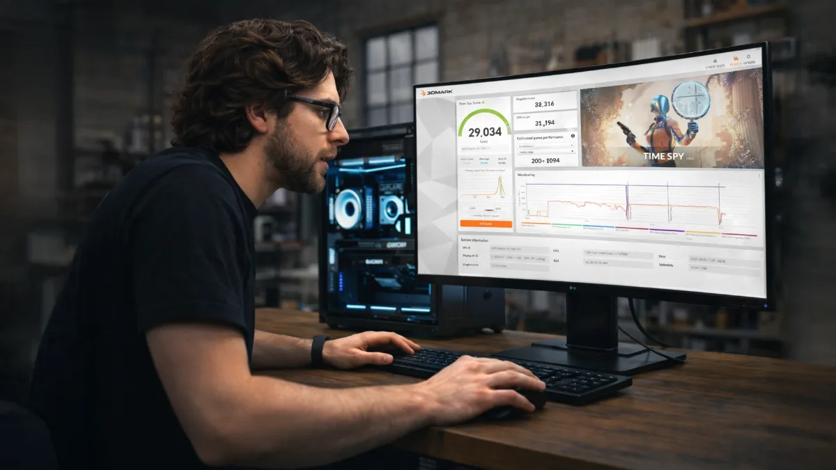 Player in front of a screen showing a PC benchmark score