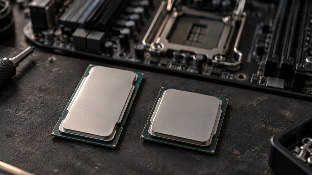 Two desktop PC processors placed side by side in front of a motherboard
