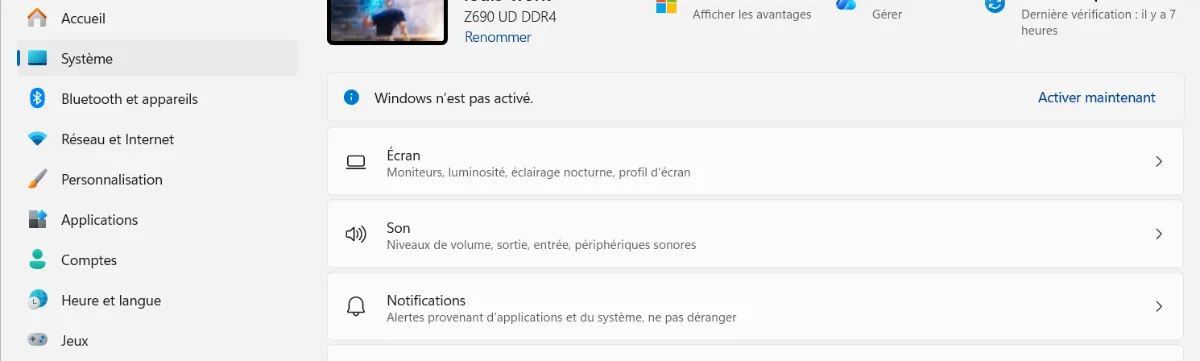 Paramètres Windows 11 indiquant que Windows n'est pas activé