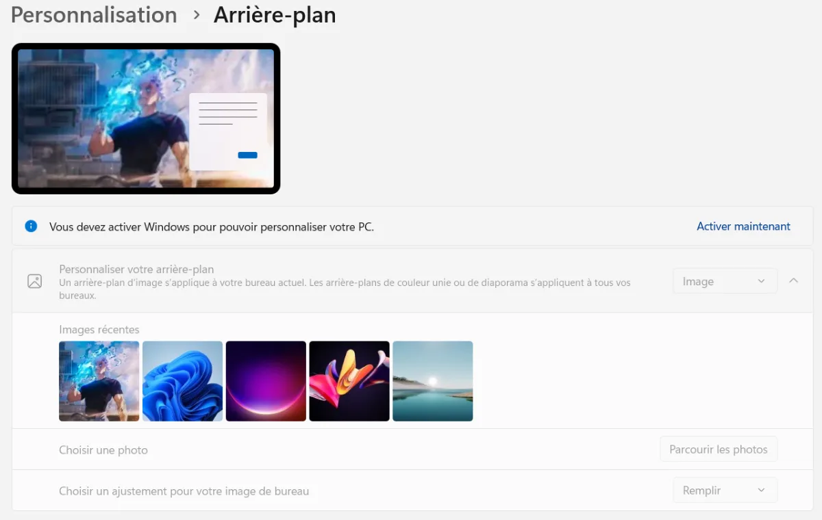 Paramètres de personnalisation de Windows 11 bloqués faute d'activation