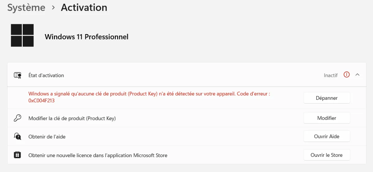 Écran d'activation de Windows 11 avec le bouton Modifier la clé de produit