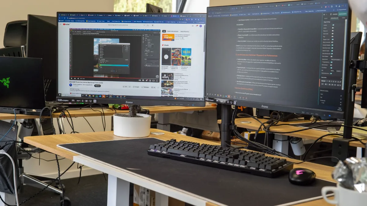 Dual-monitor gaming setup with a clear desk