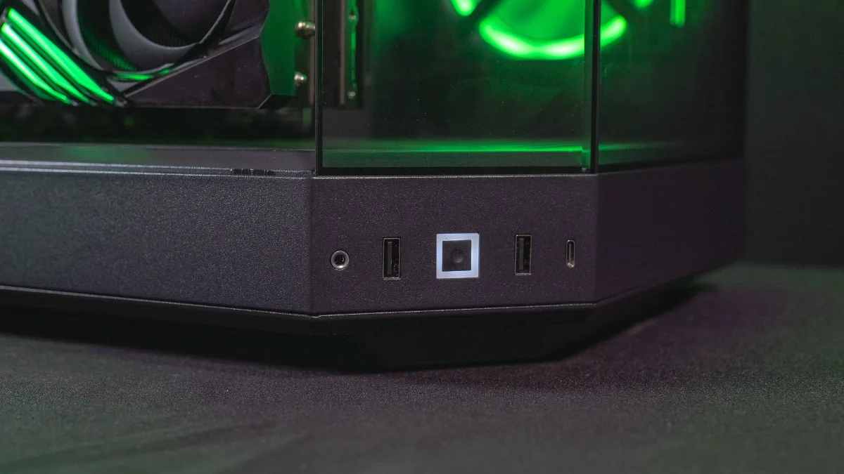 USB ports and 3.5 mm audio jack on the front of a gaming PC case