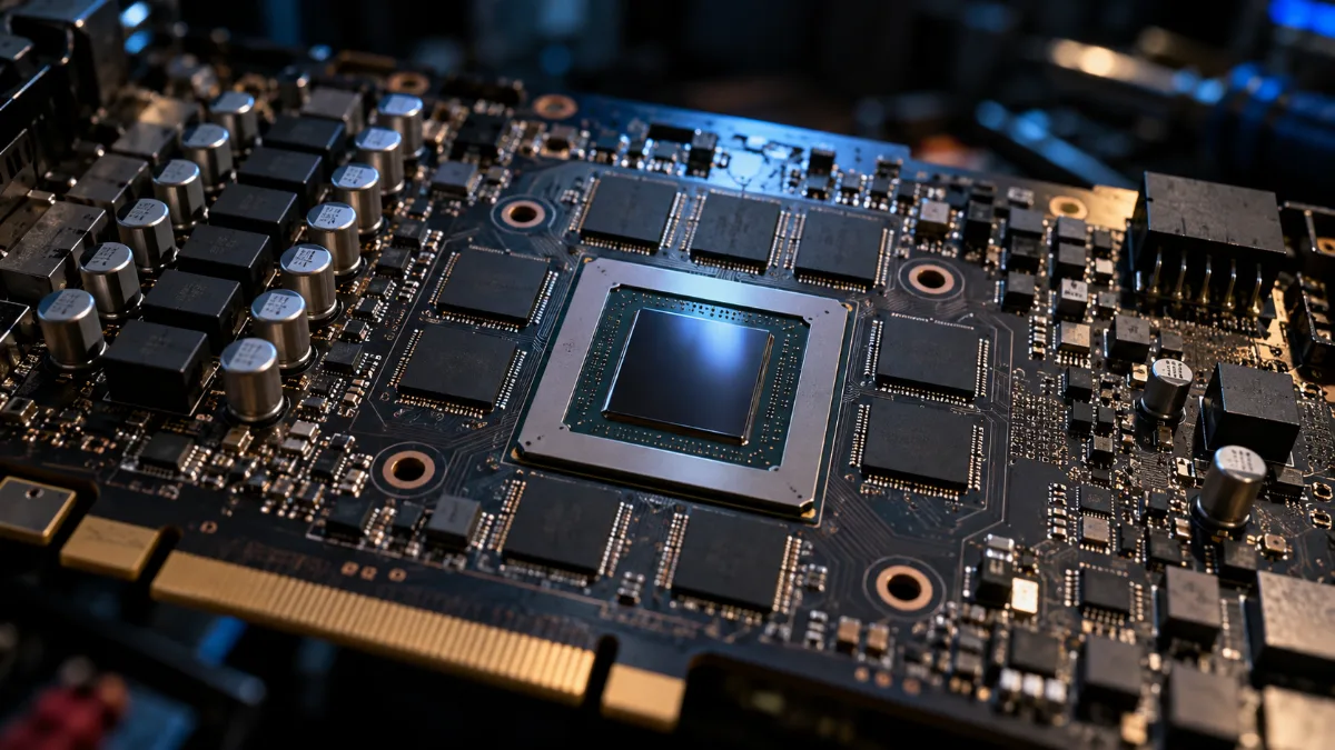 Close-up of the graphics chip and the video memory chips on a graphics card