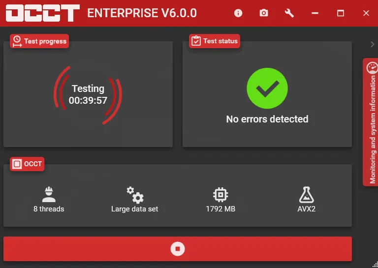 OCCT software window showing a stability test finished without errors