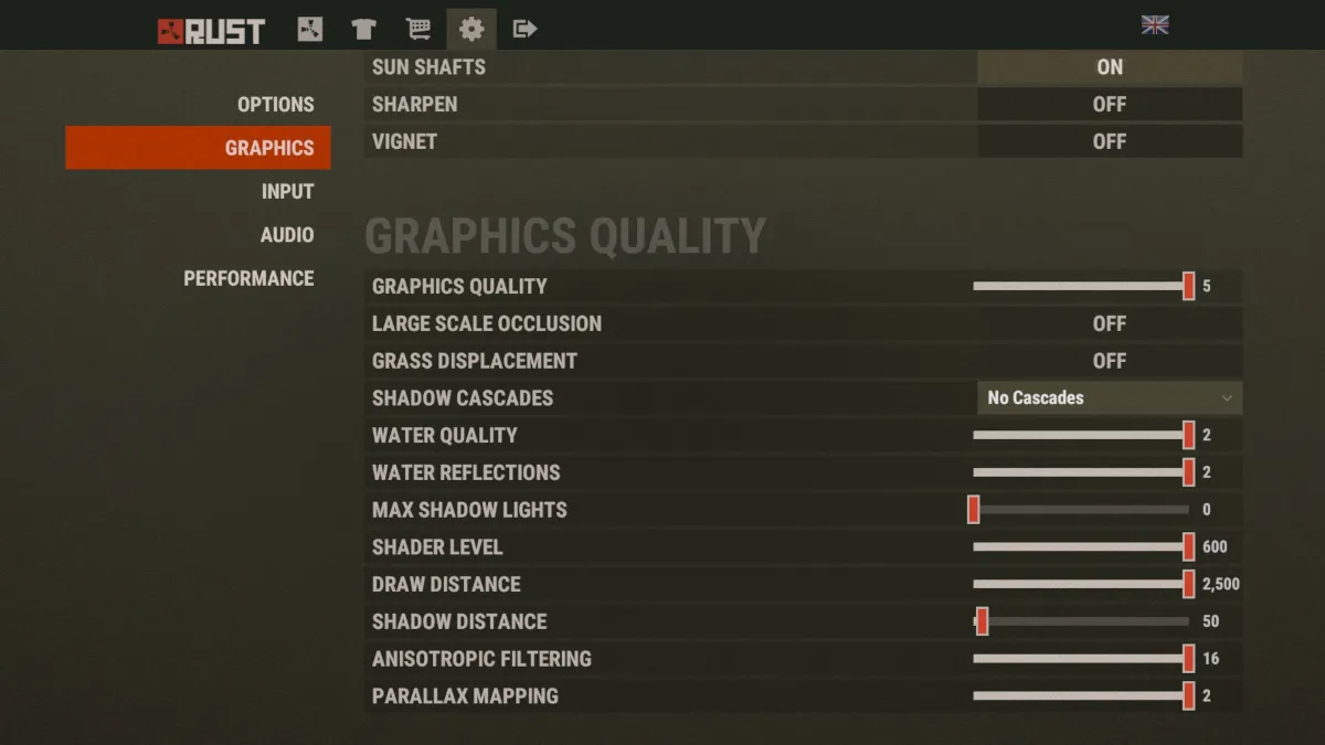 Menu of graphics settings in a PC game showing texture and shadow quality