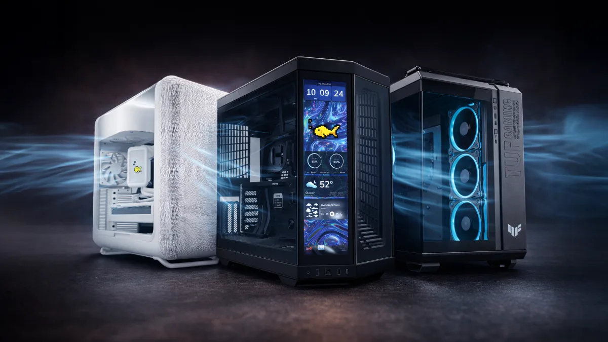 Drie glazen gaming-pc-behuizingen met een blauwe airflow die er doorheen loopt