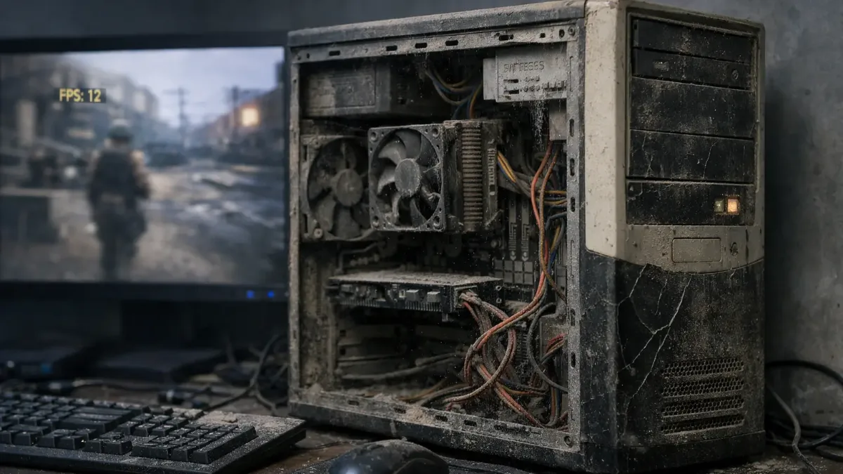 Oude, stoffige gaming-pc met versleten onderdelen