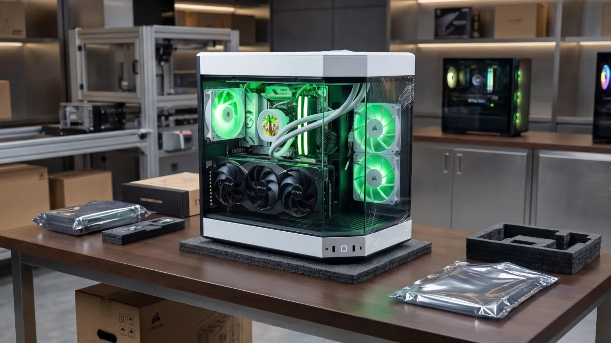 PC gamer à boîtier panoramique blanc éclairé en vert sur une table d'atelier