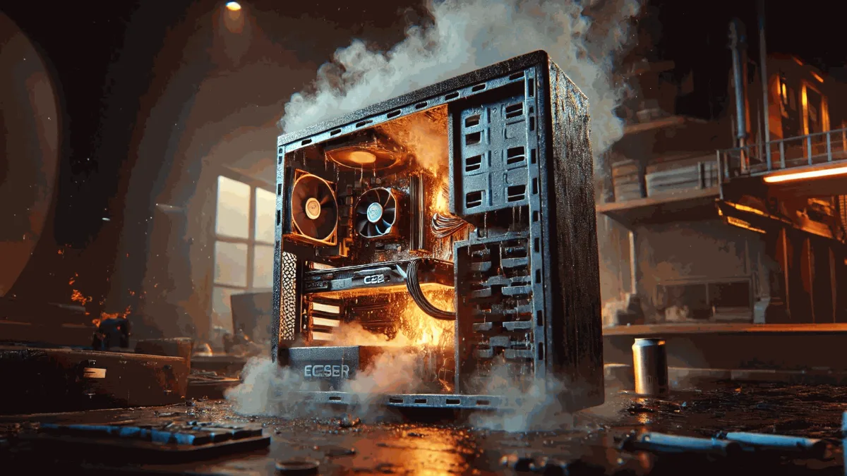 Open gaming PC smoking from overheating, illustration