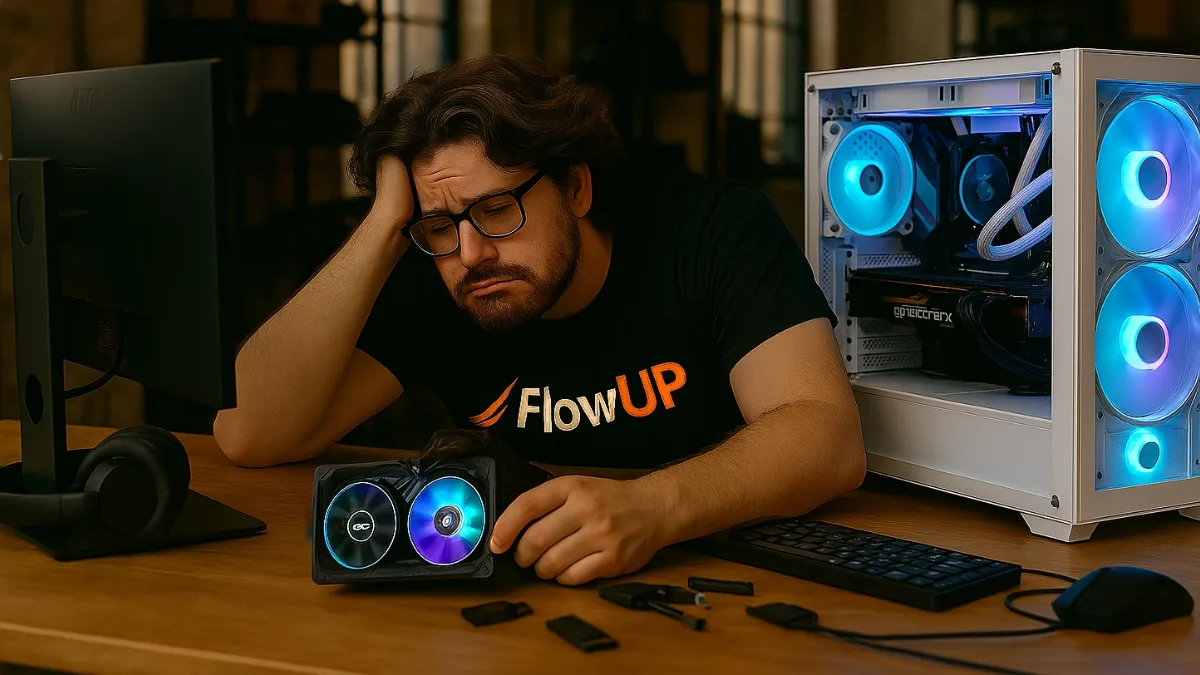 Tired gamer in front of a slow gaming PC, head resting on a hand