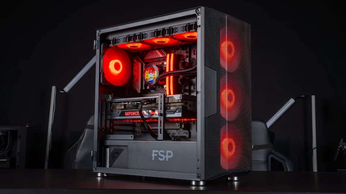 FlowUP gaming PC from 2023 with a GeForce RTX 4080, red lighting, glass case